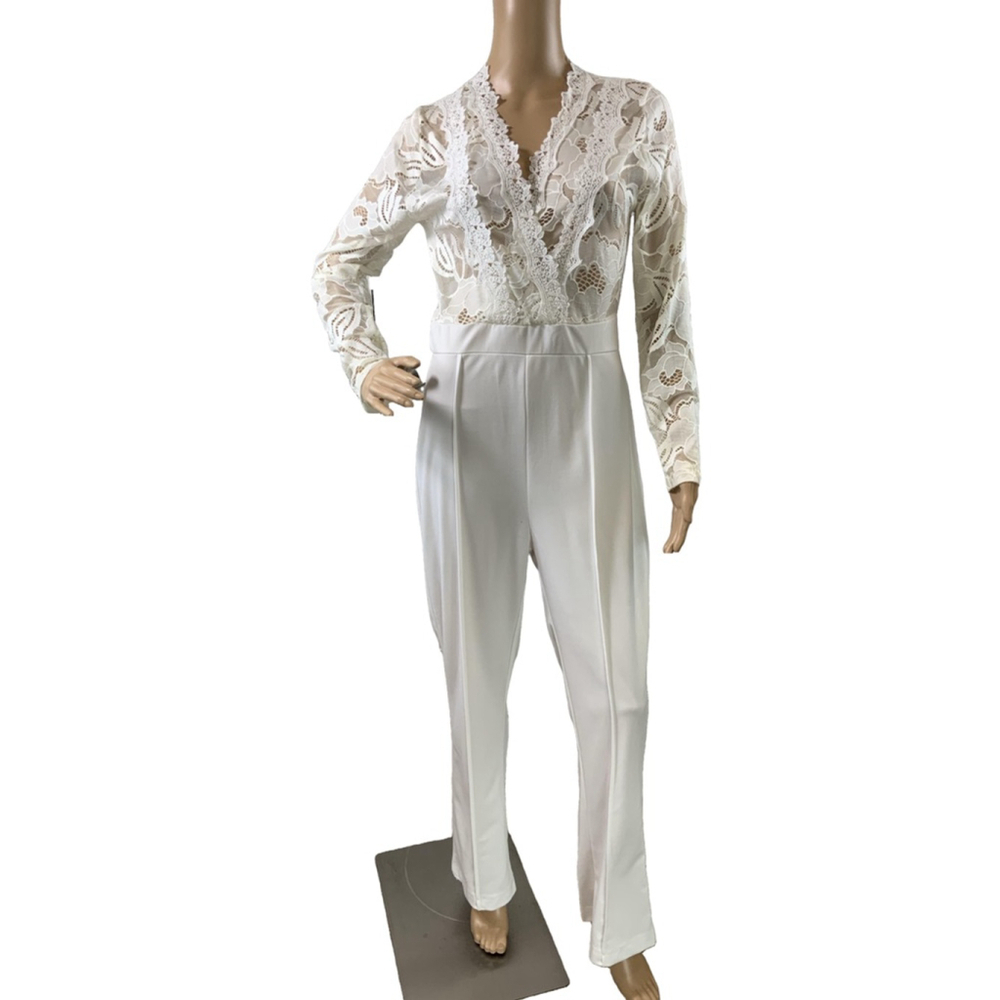 Women's Jumpsuit 2XL White Long Sleeve Lace Top V-Neck Coquette Fairy Barbiecore - Picture 2 of 16